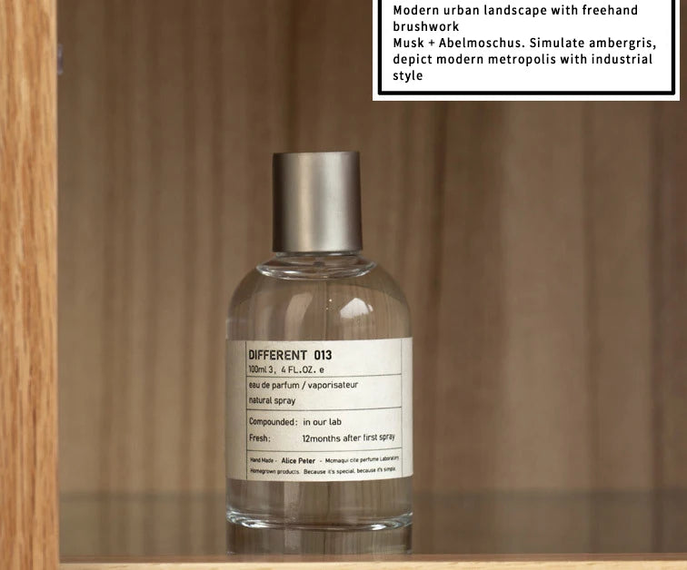 Different 013 unisex EDP 100ml: Sandalwood, fruity, musk, abelmoschus scent in a minimalist glass bottle by Alice Peter.