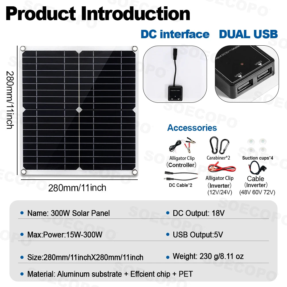 Portable Solar System Kit 15000W Peak 12V 24V To 110V 220V Inverter 3 Universal Sockets 300W Panel 100A Controller for Home RV