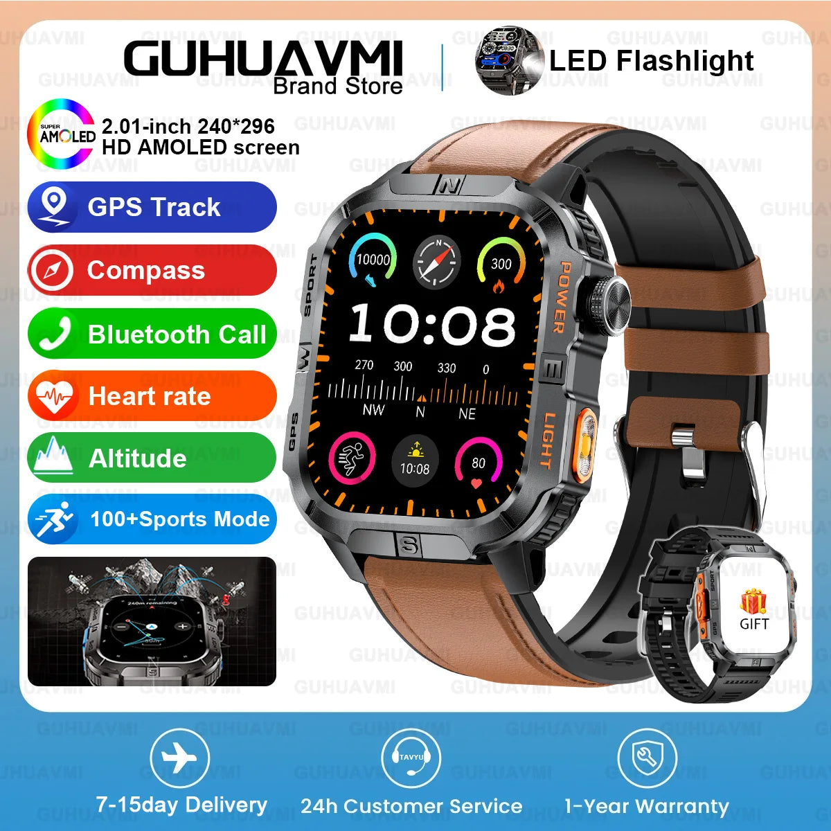 2026New Outdoor Military Men's Smartwatch, Equipped With GPS LED Lighting, Compass, Wireless Communication IP68 Waterproof Watch