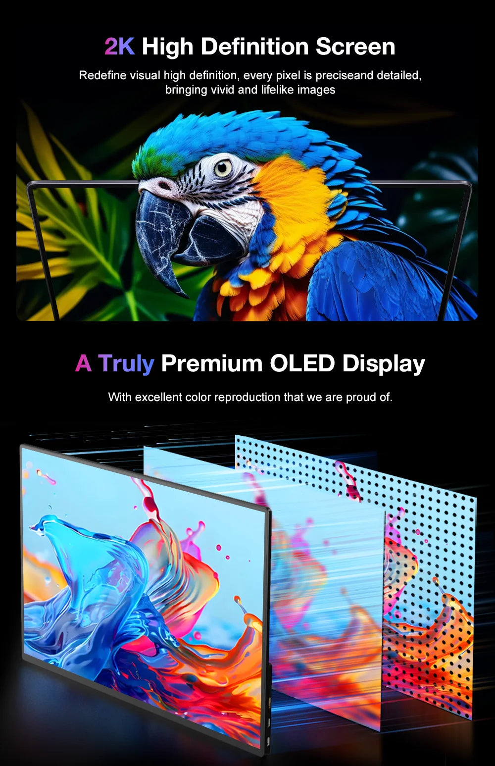 FORZOLA 16" 2K OLED Portable Monitor 120hz Gaming Display 100% DCI-P3 Laptop External Screen USB-C HDMI For Mac PC Mobile Phone