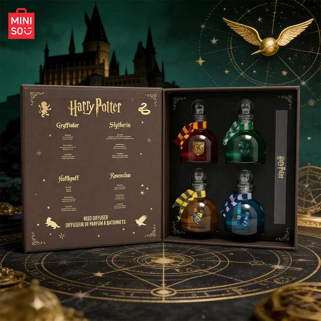 MINISO Harry Potter Magic Academy 4pc Reed Diffuser Set. Round glass bottles with house scarves. Unisex home fragrance.