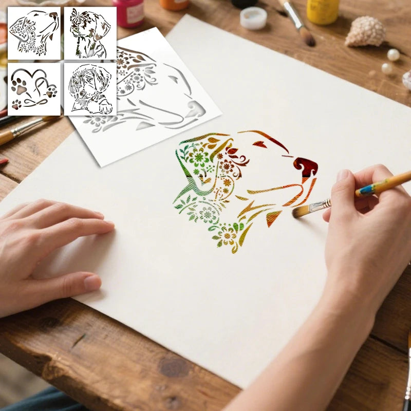 4pc reusable dog stencil set for DIY painting, graffiti, and pet-themed art decoration projects on paper or crafts.