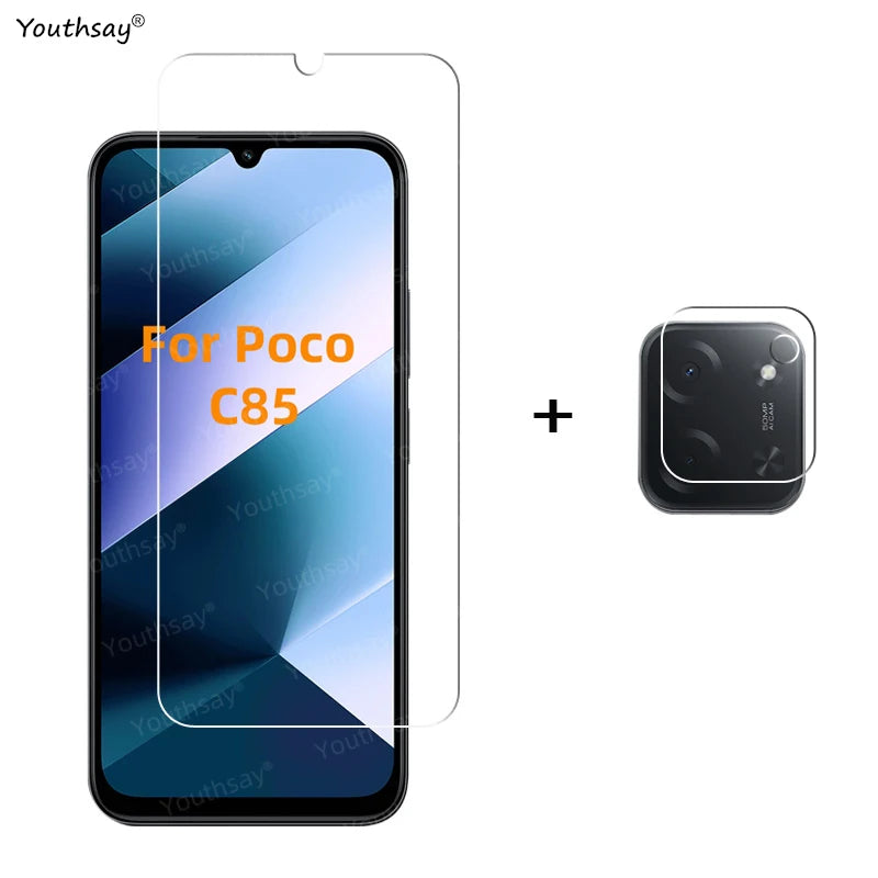 6in1 Full Gule Glass For Xiaomi Poco C85 Tempered Glass Poco C85 Screen Protector Protective Phone Camera Lens Film Poco C85 AE 1 Glass and 1 Lens Poco C85 Tidesmit