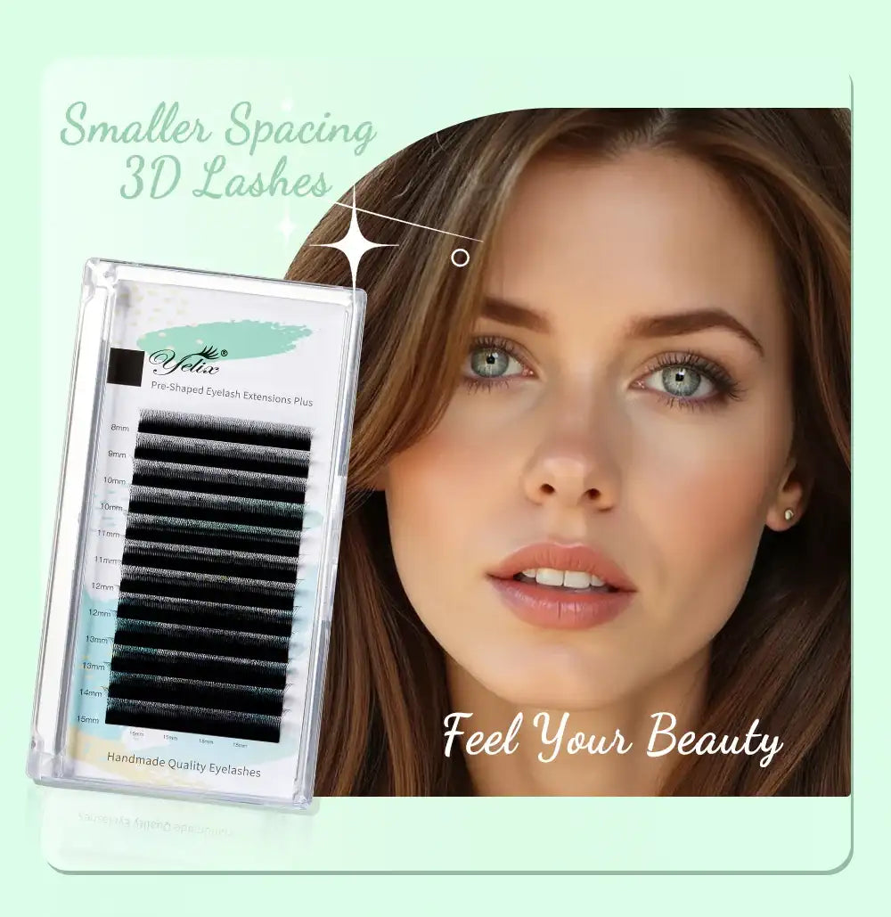 Tray of black W-shape 3D eyelash extensions with various lengths next to a woman wearing natural-looking lashes.