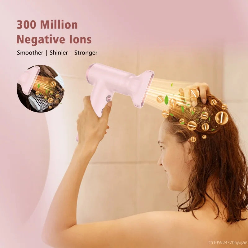 Pink portable high-speed ionic hair dryer with nozzle attachment for smooth, shiny hair styling.