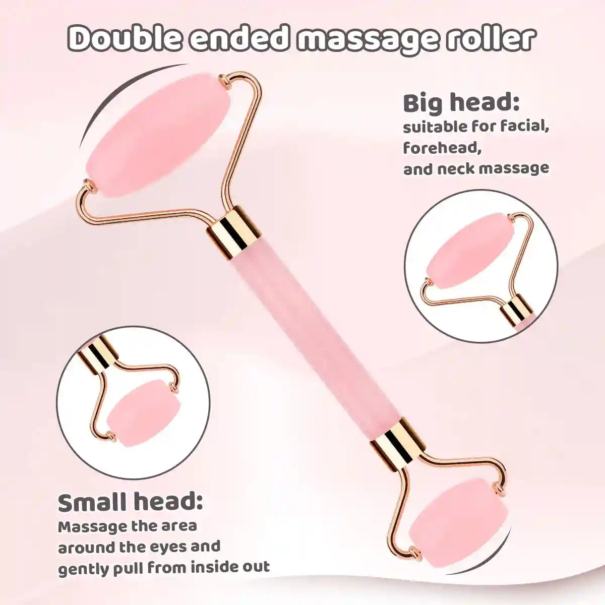 A double-ended pink facial massage roller with gold accents and two interchangeable rollers of different sizes.