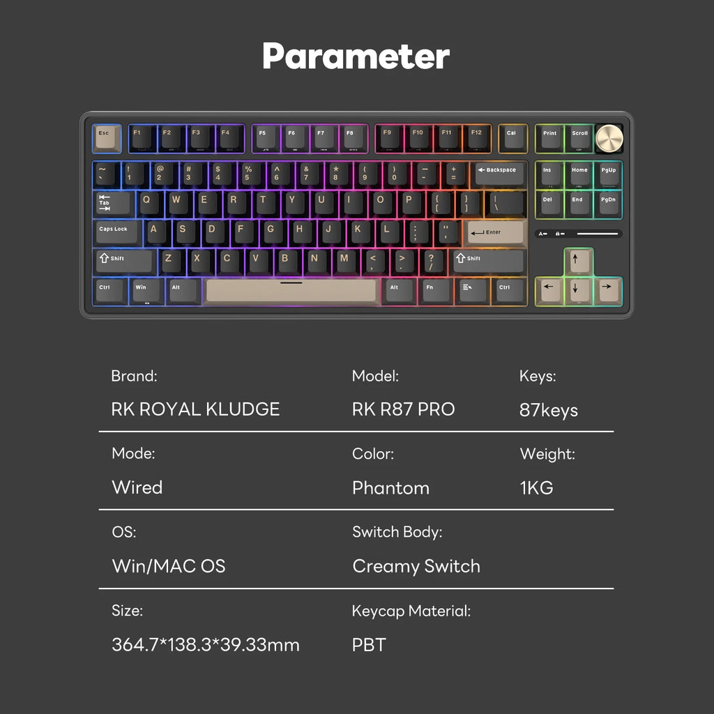 RK Royal Kludge RK R87Pro Gasket Wired Gamer Keyboard Hot-swappable 88 Keys Mechanical Keyboard 88% RGB Backlit With PBT Keycaps