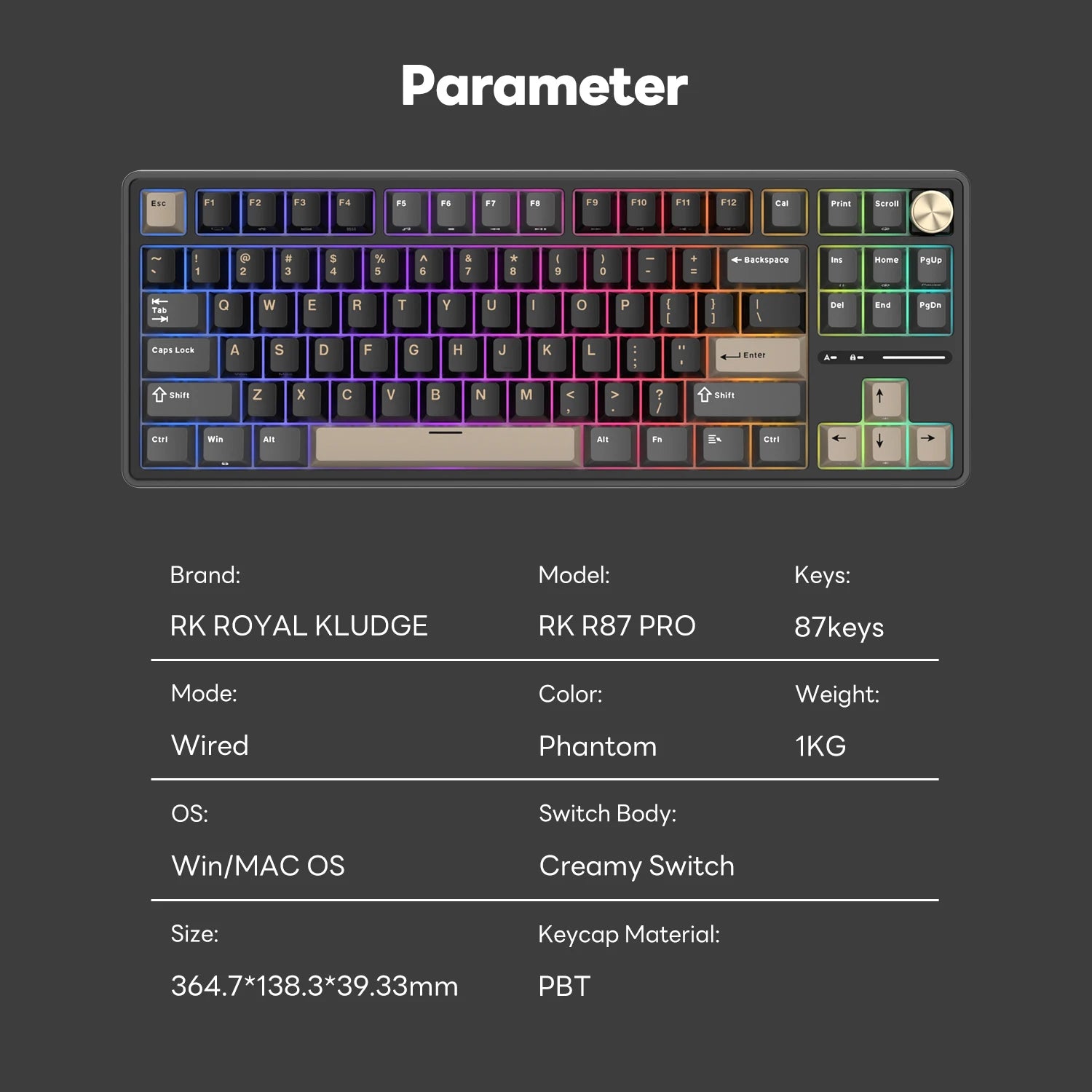 RK Royal Kludge RK R87Pro Gasket Wired Gamer Keyboard Hot-swappable 88 Keys Mechanical Keyboard 88% RGB Backlit With PBT Keycaps