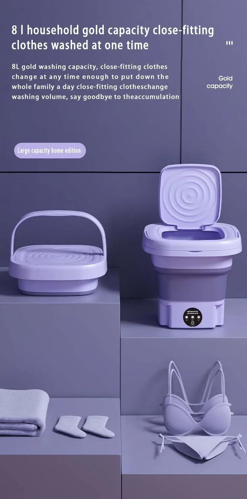 Tidesmit 8L foldable washing machine with spin dryer basket for compact laundry, socks, and baby clothes.