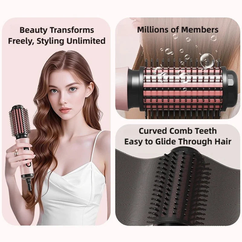 TINSOL pink negative ion hot air brush with curved comb teeth for professional hair curling and smoothing styling.