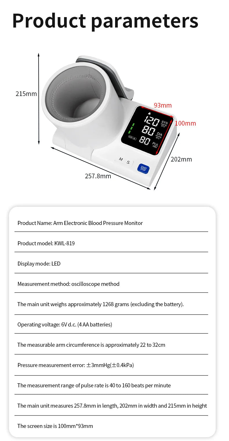 Upper Arm Electronic Blood Pressure Monitor, Household Medical Voice BP Monitor for the Elderly, Large Screen, Memory Function