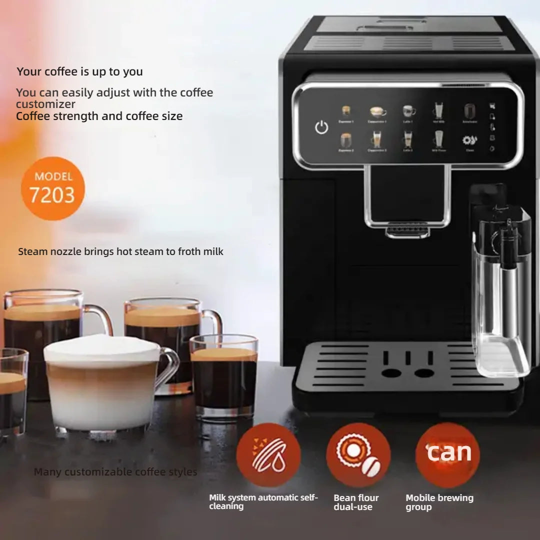 Black Model 7203 automatic espresso machine with milk frother, digital touch screen, and customizable brewing modes.