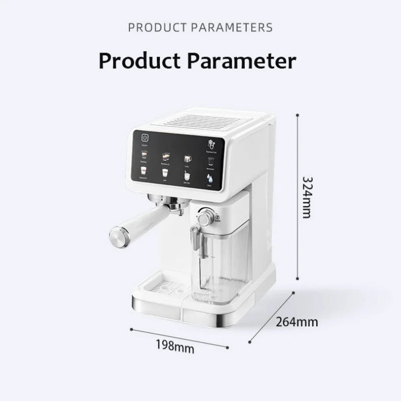 White automatic espresso coffee machine with touchscreen, portafilter, milk tank, and compact 324mm height dimensions.