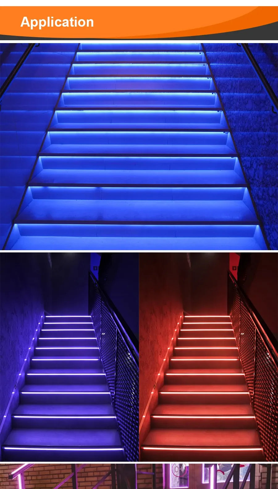 LED stair lights illuminating steps in cool blue, warm, and purple tones.