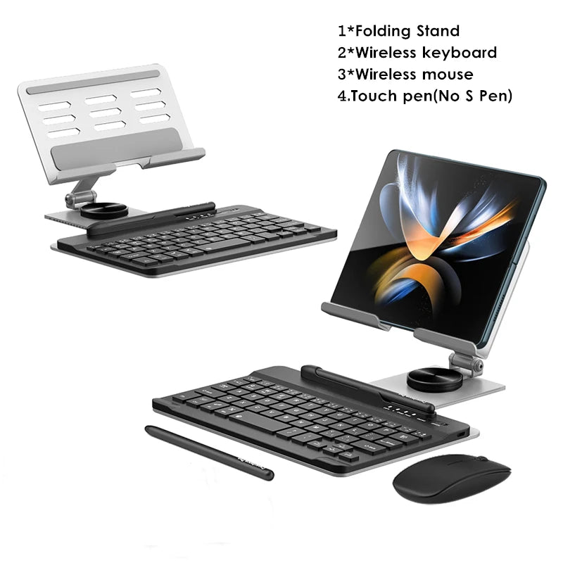 Silver metal tablet stand with black wireless keyboard, mouse, and touch pen for mobile device workspace setup.