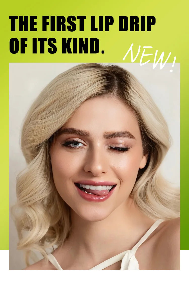 Blonde woman winking wearing high-shine, transparent glitter lip plumper gloss for a moisturizing, voluminous finish.