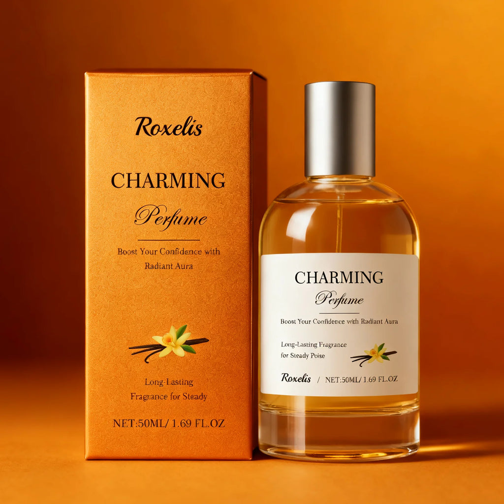 Roxelis Charming 50ml Amber Vanilla perfume for women. Long-lasting fragrance in a round glass bottle, elegant spray.