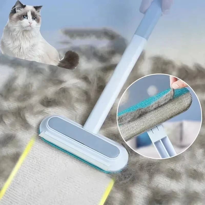 Blue and white manual pet hair remover brush effectively cleaning fur from carpet and furniture for a hair-free home.