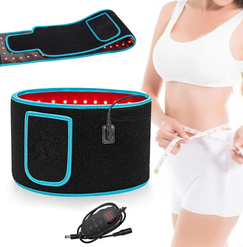 Red and infrared LED light therapy waist belt with digital controller for back pain relief and fat loss.