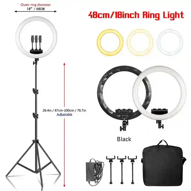 18-inch LED ring light with adjustable tripod stand, three phone mounts, power adapter, and carrying bag.