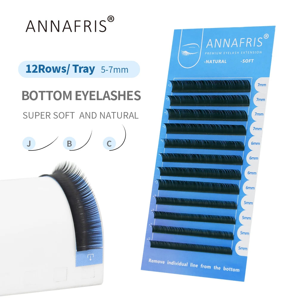 12-row tray of black synthetic bottom eyelash extensions in lengths from 5mm to 7mm on a blue adhesive card.