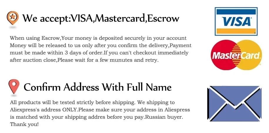 Aliexpress payment and shipping information guide showing Visa, Mastercard, and Escrow icons with address instructions.