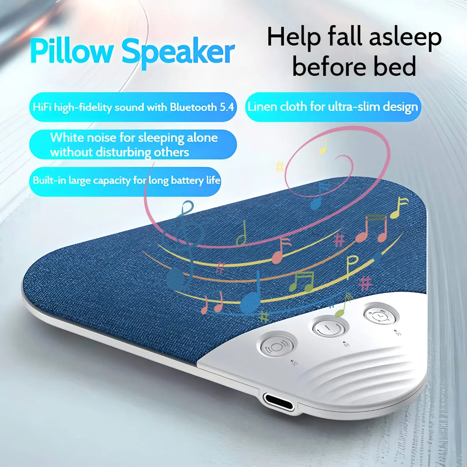 Bluetooth Pillow Speaker Wireless Sleep Music Player Under Pillow White Noise Machine Stereo Timer Auto-Off for Insomnia