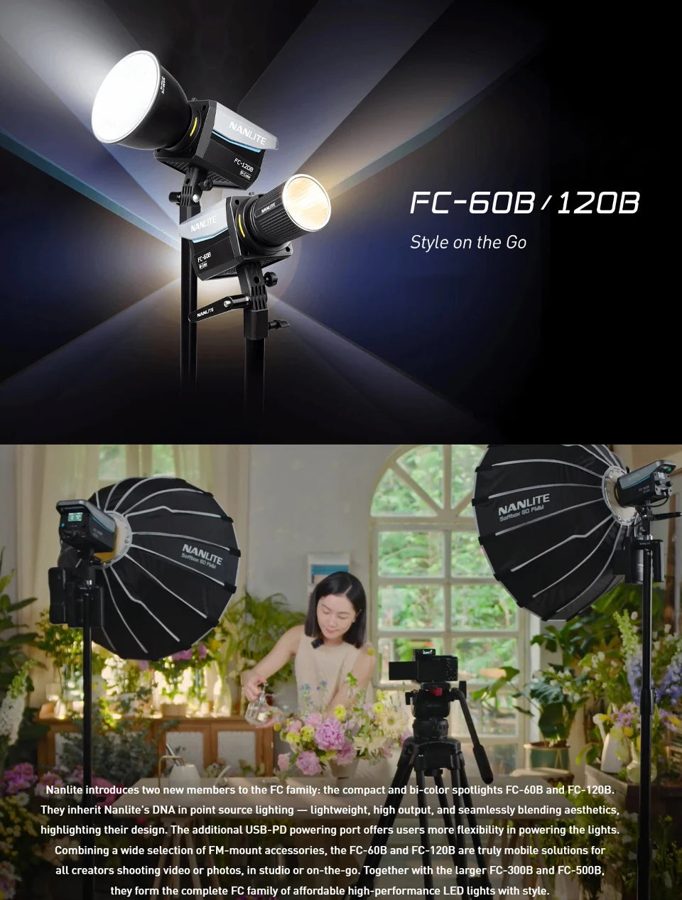 FC-60B and FC-120B bi-color LED spotlights with reflectors and softboxes on stands, used for photography and video.