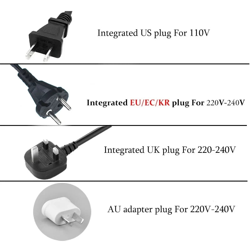 Universal power plugs for 2-in-1 hair straightener and dryer, including US, EU, UK, and AU adapter options.