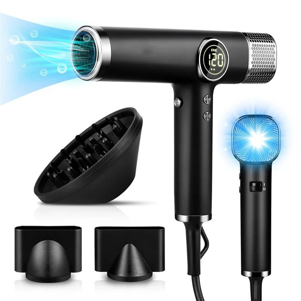 Black professional 1800W ionic hair dryer with digital display, diffuser, styling nozzles, and brushless motor.