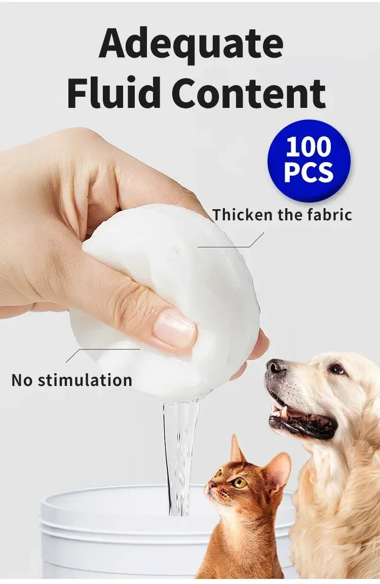 100ct thick pet eye and teeth wipes for gentle, non-stimulating grooming of cats and dogs. Clean care cleaning supplies.