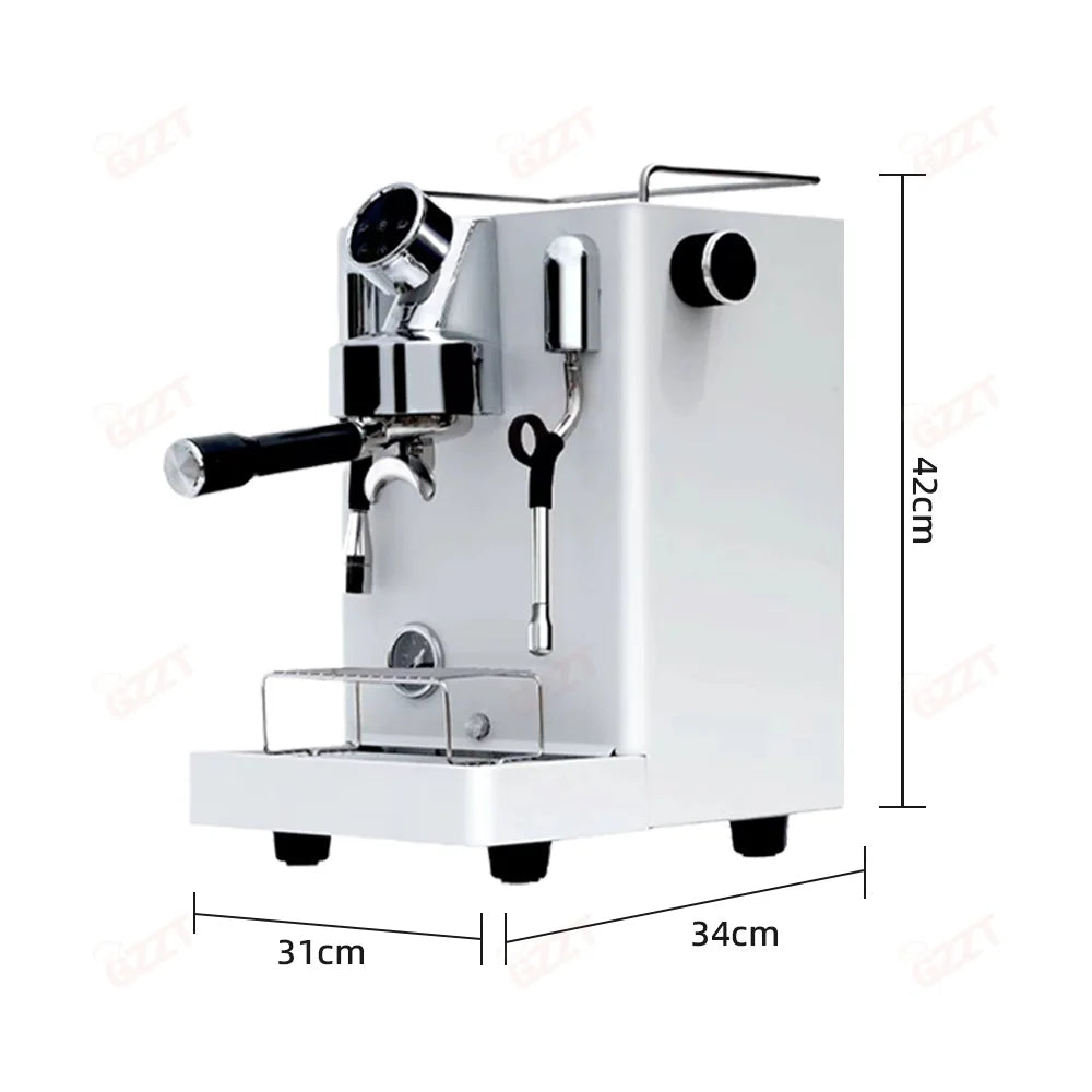 GZZT white professional espresso coffee machine with chrome accents and portafilter, 42cm high, 31x34cm footprint.