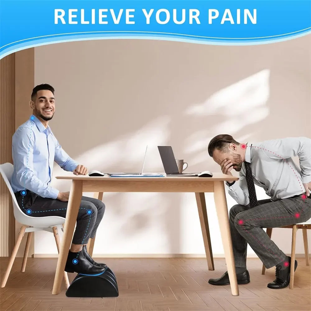 Adjustable black ergonomic under-desk footrest for office posture, back pain relief, and leg support while working.