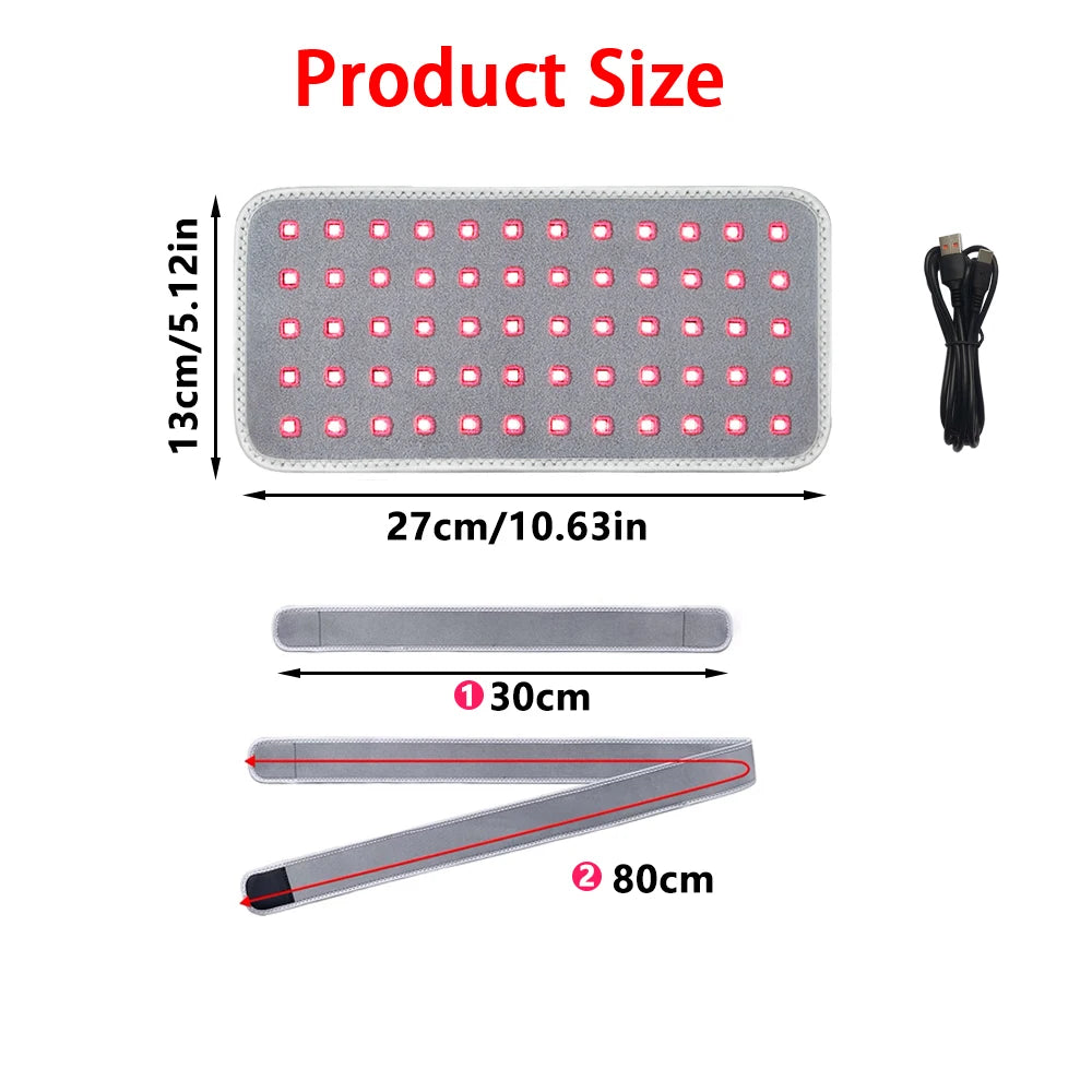 Red light therapy belt with 660nm and 850nm LED pad, adjustable straps, and USB cable for pain relief and slimming.