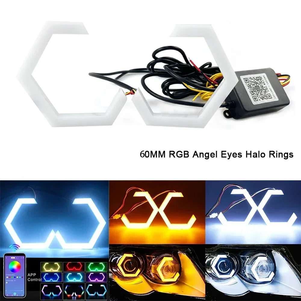 Hexagon LED Angel Eyes RGB Halo Rings for Headlight - Multi-Size 60mm Tidesmit