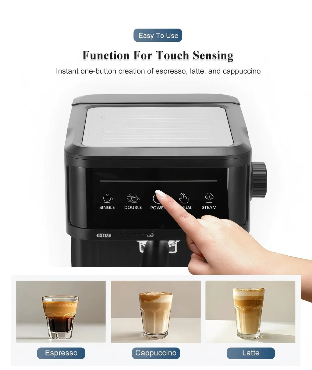 Black touchscreen espresso machine for making coffee, lattes, and cappuccinos with single or double shot buttons.