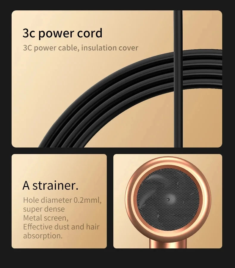 HOMEFISH 2000W hair dryer details: insulated 3C power cord and dense gold metal screen filter for salon hair care.