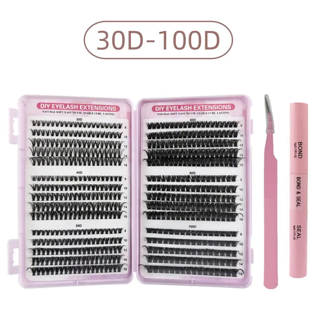 DIY cluster lash kit with 200 mixed 8-16mm black lashes in a pink case, plus pink tweezers and bond & seal glue tube.