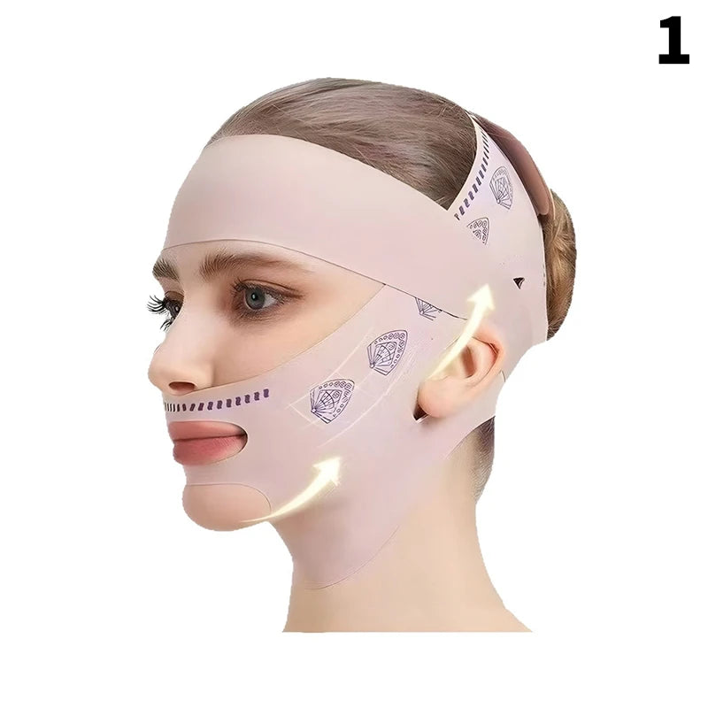 Pink double-deck V-line face slimming bandage strap for lifting, facial contouring, and double chin tightening.