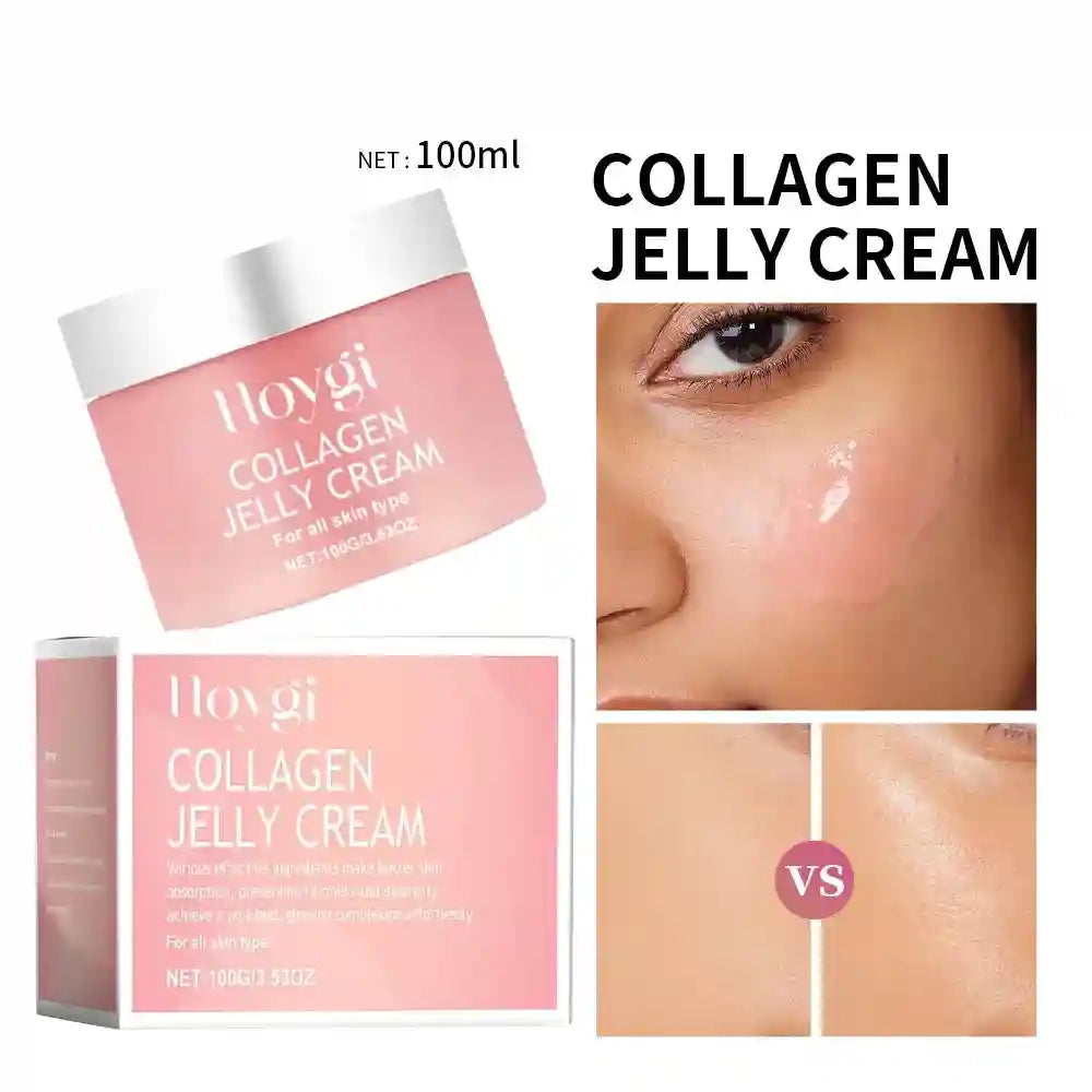Hoygi Collagen Jelly Cream in a pink jar and box, with close-ups showing the translucent gel texture on skin.