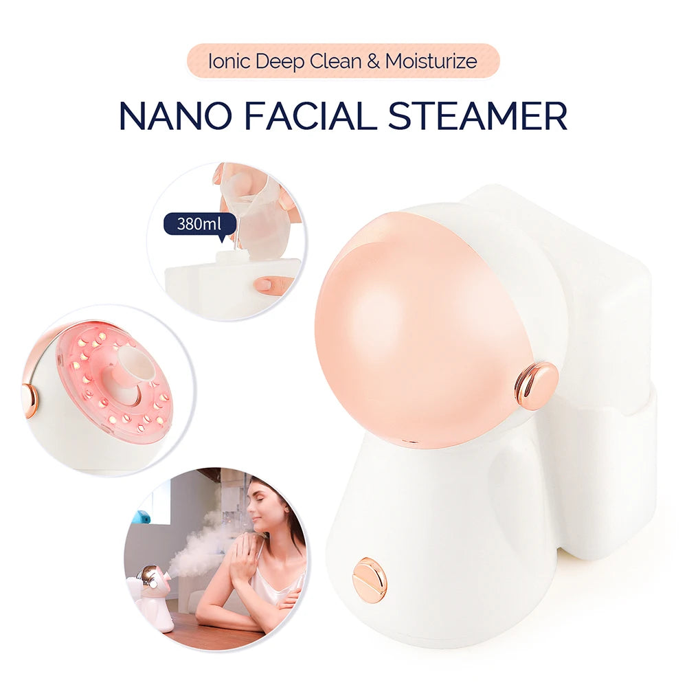 White and rose gold nano ionic facial steamer with red light therapy for deep pore cleaning and skin hydration.