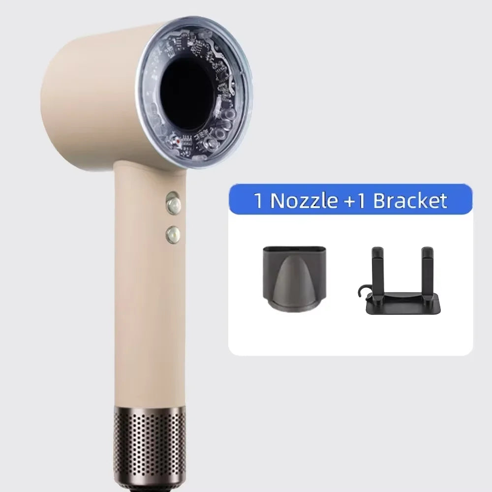 Beige leafless hair dryer with negative ion technology, includes styling nozzle and wall bracket for home styling.