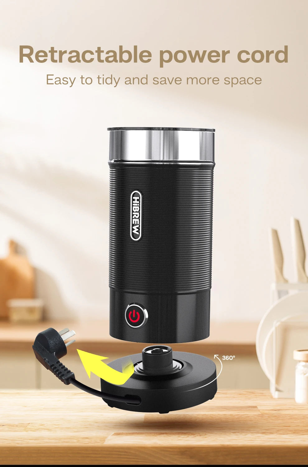 HiBREW black electric milk frother with stainless steel rim and base featuring a retractable power cord.