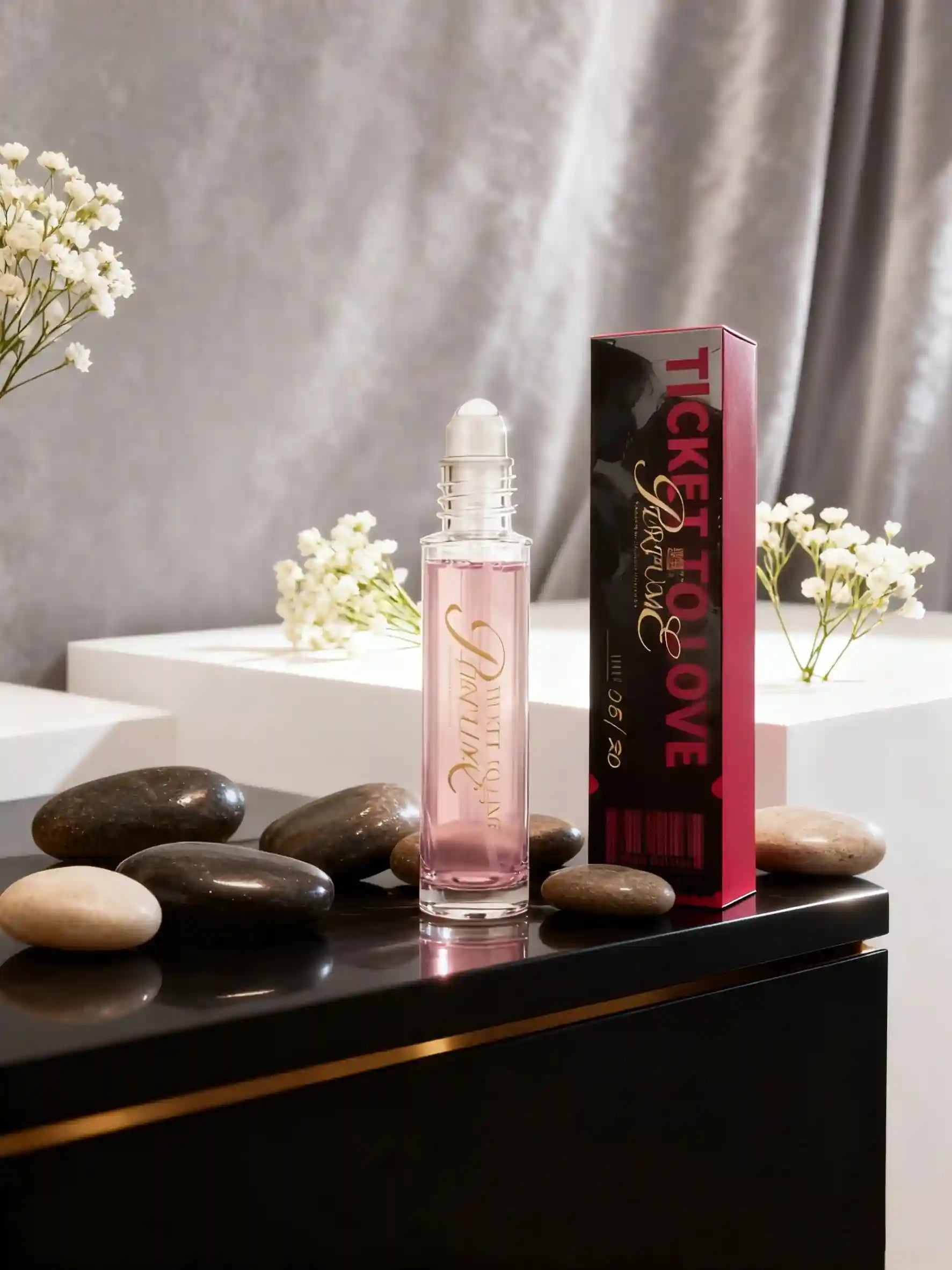Ticket To Love pheromone roll-on perfume for men and women, long-lasting unisex fragrance in a sleek glass bottle.