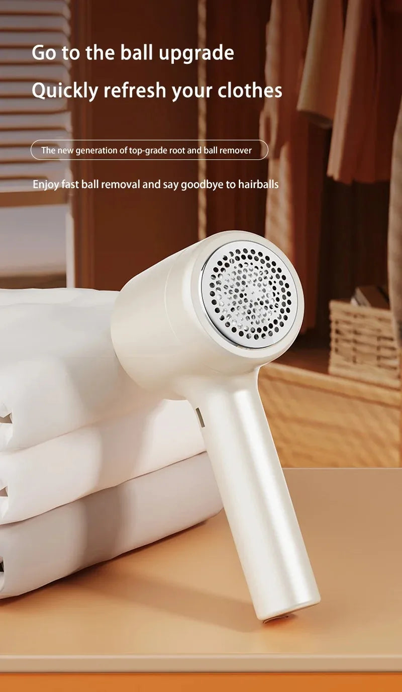 Tidesmit rechargeable electric fabric shaver and lint remover for clothes, upholstery, and carpet, side view.