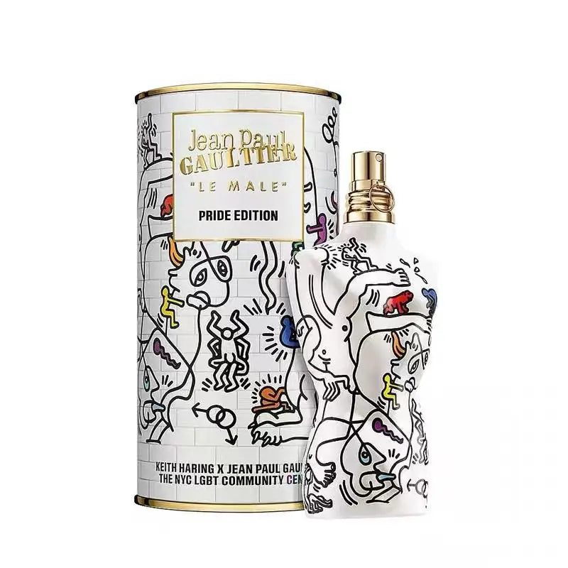 Jean Paul Gaultier Le Male Pride Edition cologne, men’s torso bottle, Keith Haring art design, collectors perfume.