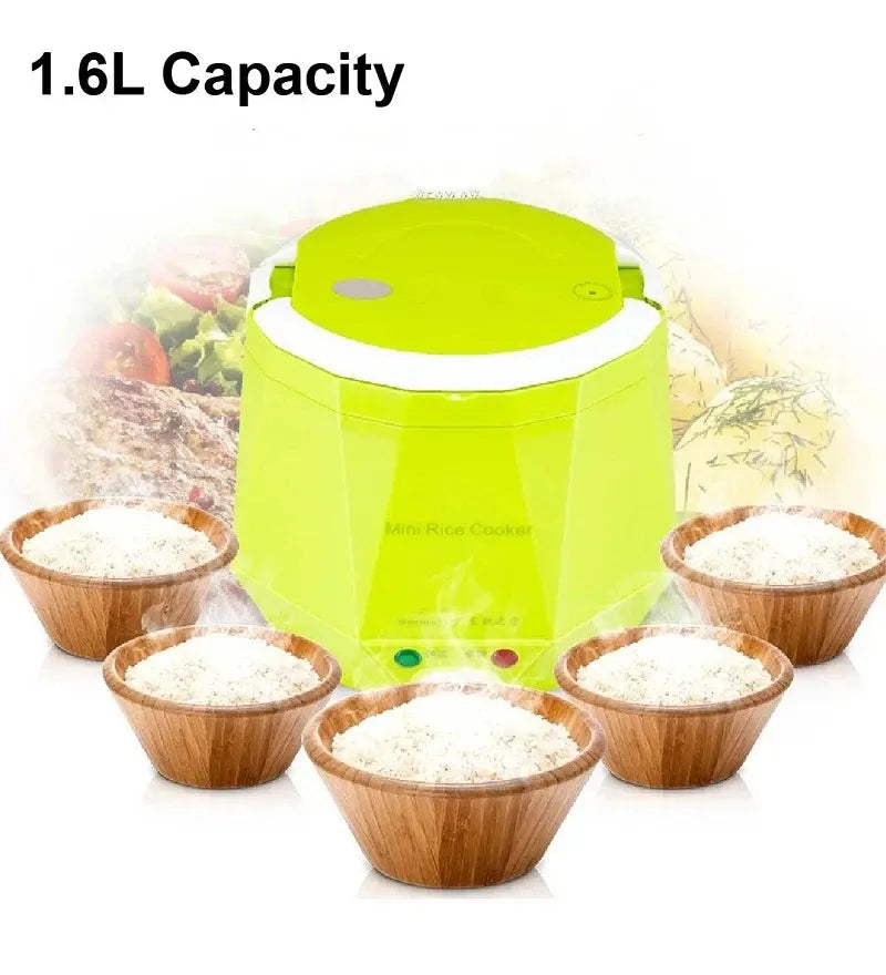 Portable 1.6L car rice cooker, lime green body and white lid with rice bowls display