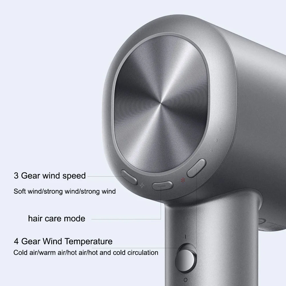 MIJIA H701 silver hair dryer with metallic finish, showing 3 wind speeds and 4 heat settings for professional hair care.