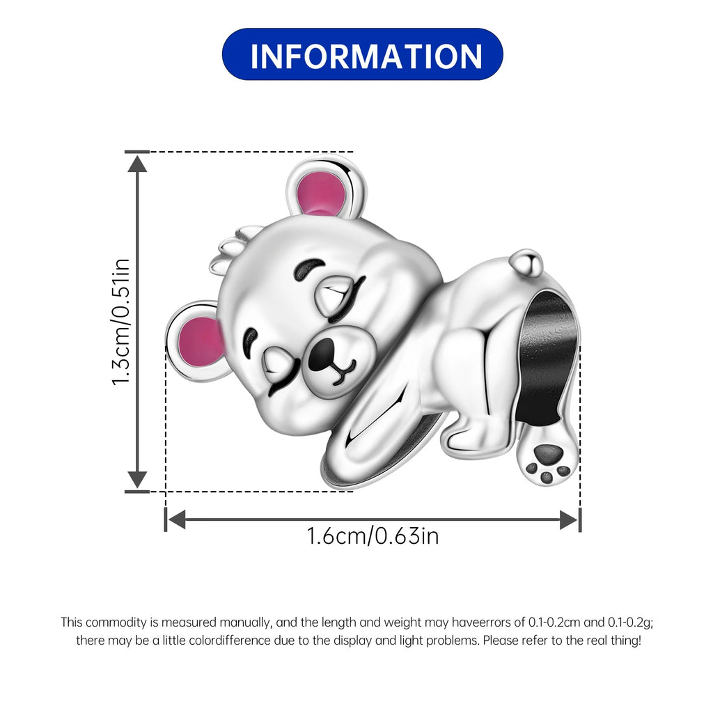 925 sterling silver sleeping bear charm for bracelet. Cute pet animal bead with pink ears for DIY jewelry gifts.