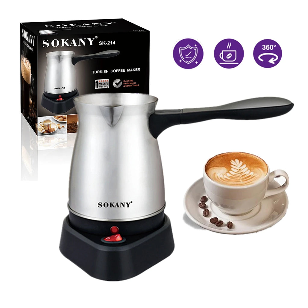 Sokany SK-214 stainless steel electric Turkish coffee maker with black base, handle, and a cup of coffee.